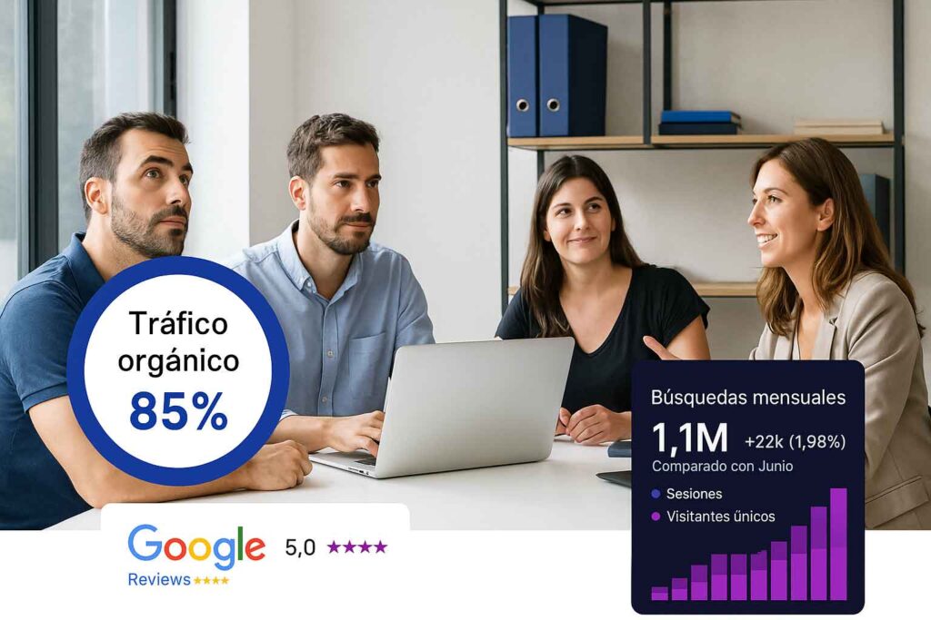 Equipo de marketing digital en oficina analizando resultados SEO y tráfico orgánico