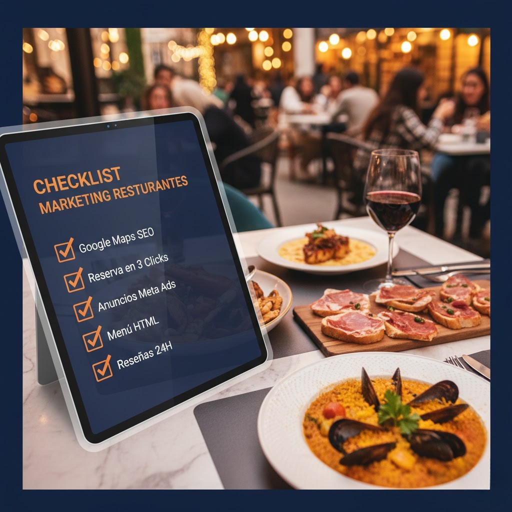 Checklist de marketing para restaurantes en Madrid con platos gourmet y estrategia digital.