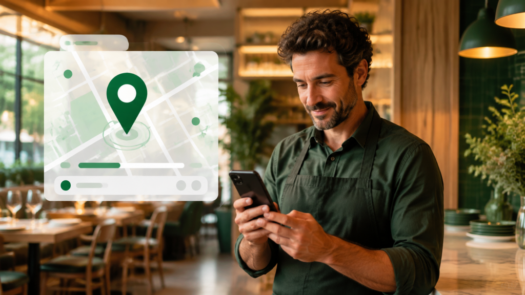 Propietario de restaurante revisando la visibilidad de su negocio en un mapa digital
