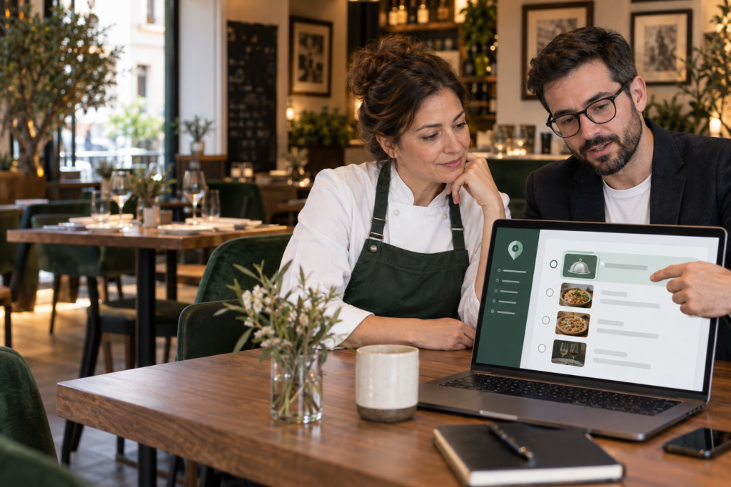 Categorías de Google Business Profile para restaurantes revisadas en un portátil
